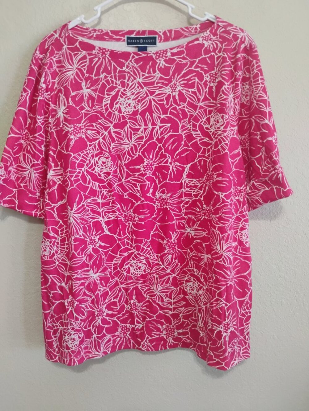 Karen Scott Womens XL Pink Floral T Shirt Short Sleeve Soft Casual